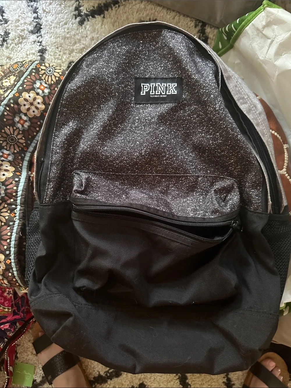 PINK Victoria's Secret Black & Gray Sparkle Campus Backpack